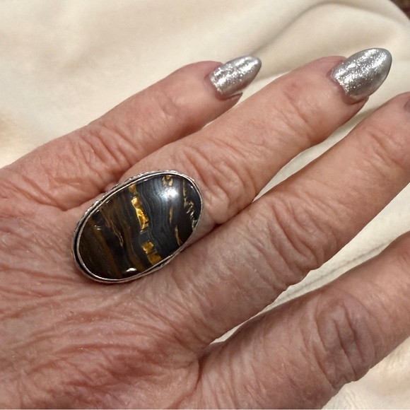 💕 Tiger eye silver plated gemstone ring. Stamped 925 size 8 hand made - Picture 11 of 12